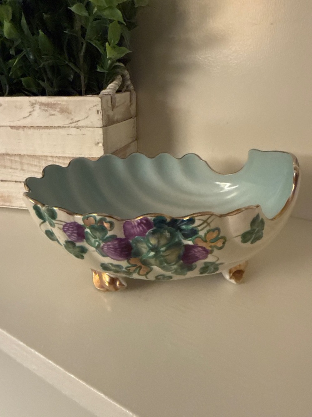 Noritake Porcelain Dish, Art Deco, Lusterware, Footed, Clam Shell Handpainted